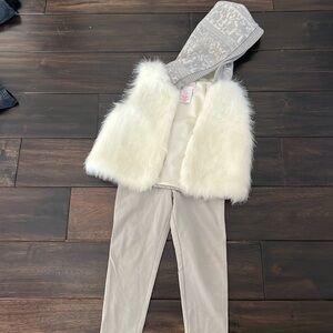Cutest little snow bunny fur vest with detail on hood and back w/ gray leggings